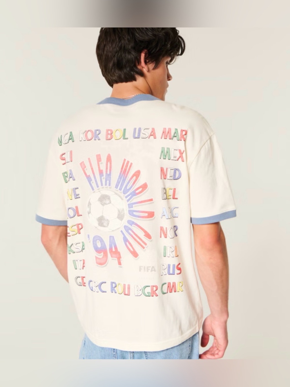 Hollister Cream Ringer Tee with Multicolor '94 World Cup Graphic